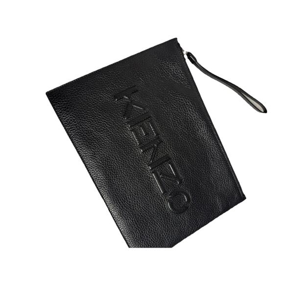 Kenzo Pouch Bag Leather Clutch Wristlet Zip Case Travel Unisex Embossed Black - Picture 1 of 11